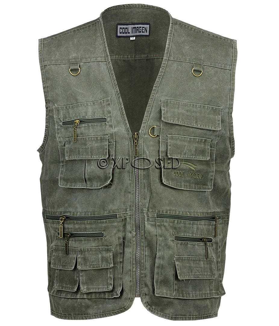 Mens Classic Denim Cotton Fisherman Waistcoat Multi Pocket Zip Gilet